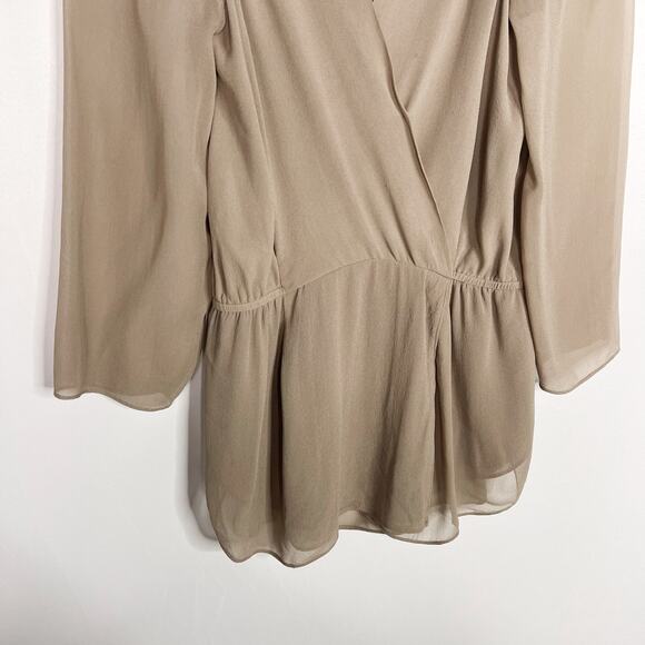 Aritzia Babaton XSmall Taupe Brown Silk Sheer Alexander Surplice Peplum Blouse - Picture 5 of 9